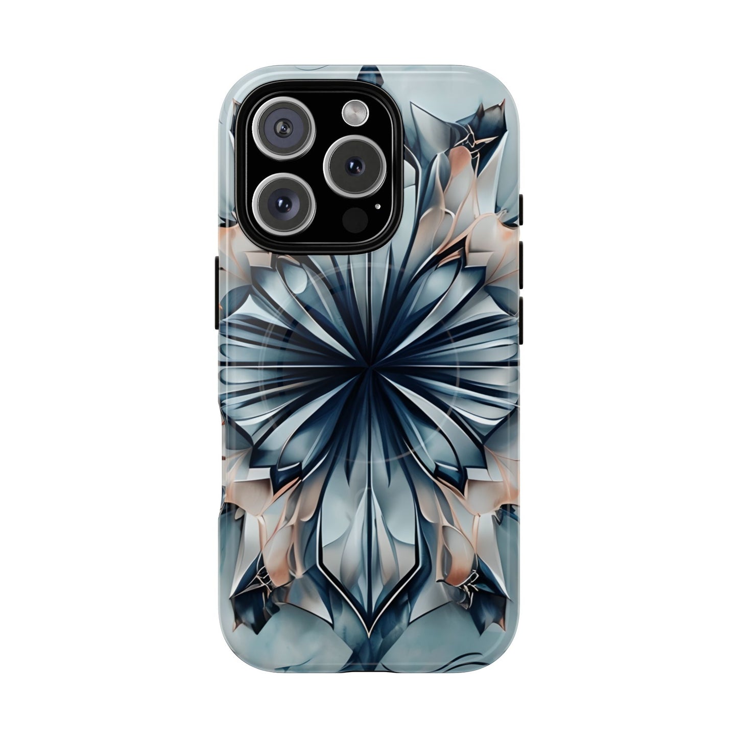 Indigo Mirage iPhone 16 Pro MagSafe case featuring a symmetrical abstract pattern in deep indigo blue with soft neutral accents.