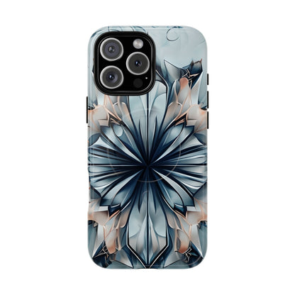 Indigo Mirage iPhone 16 Pro Max MagSafe case featuring a symmetrical abstract pattern in deep indigo blue with soft neutral accents.