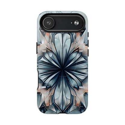 Indigo Mirage iPhone 17 Air MagSafe case featuring a symmetrical abstract pattern in deep indigo blue with soft neutral accents.
