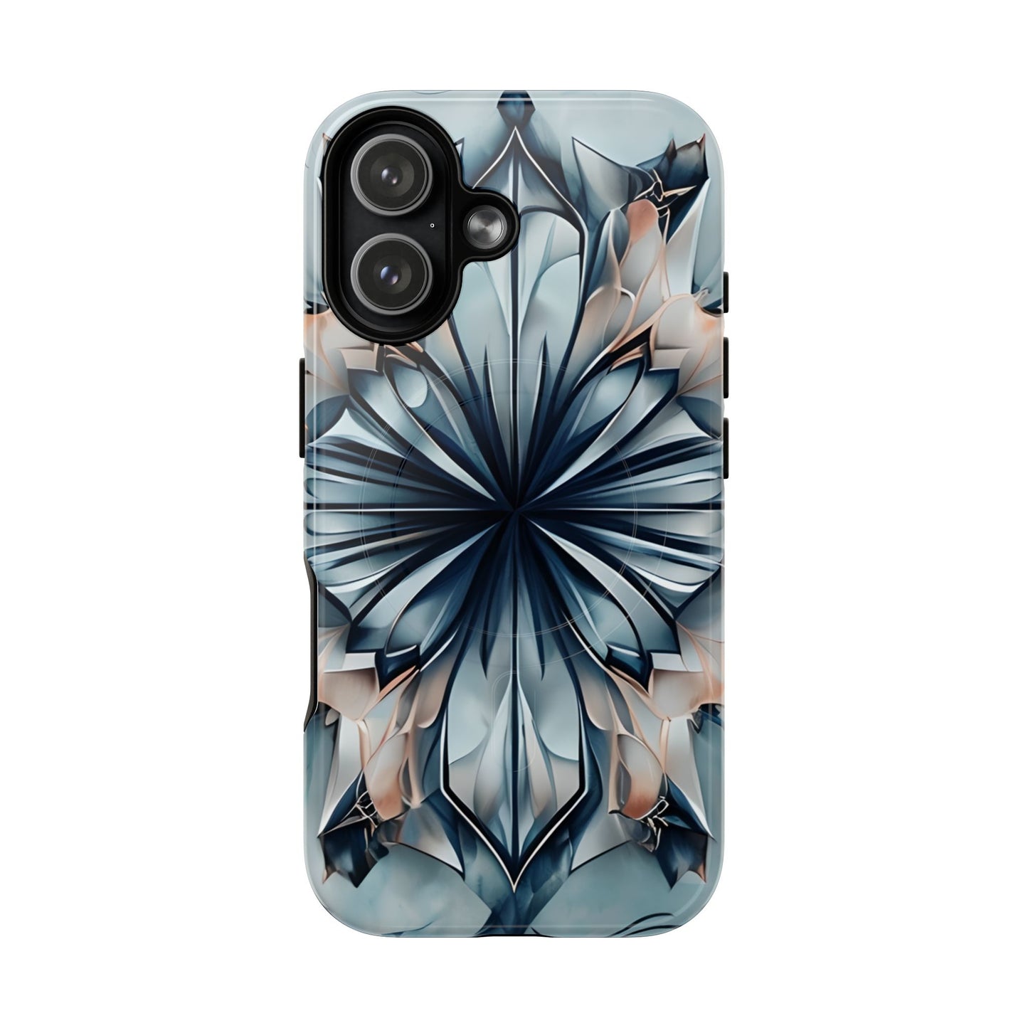 Indigo Mirage iPhone 17 MagSafe case featuring a symmetrical abstract pattern in deep indigo blue with soft neutral accents.