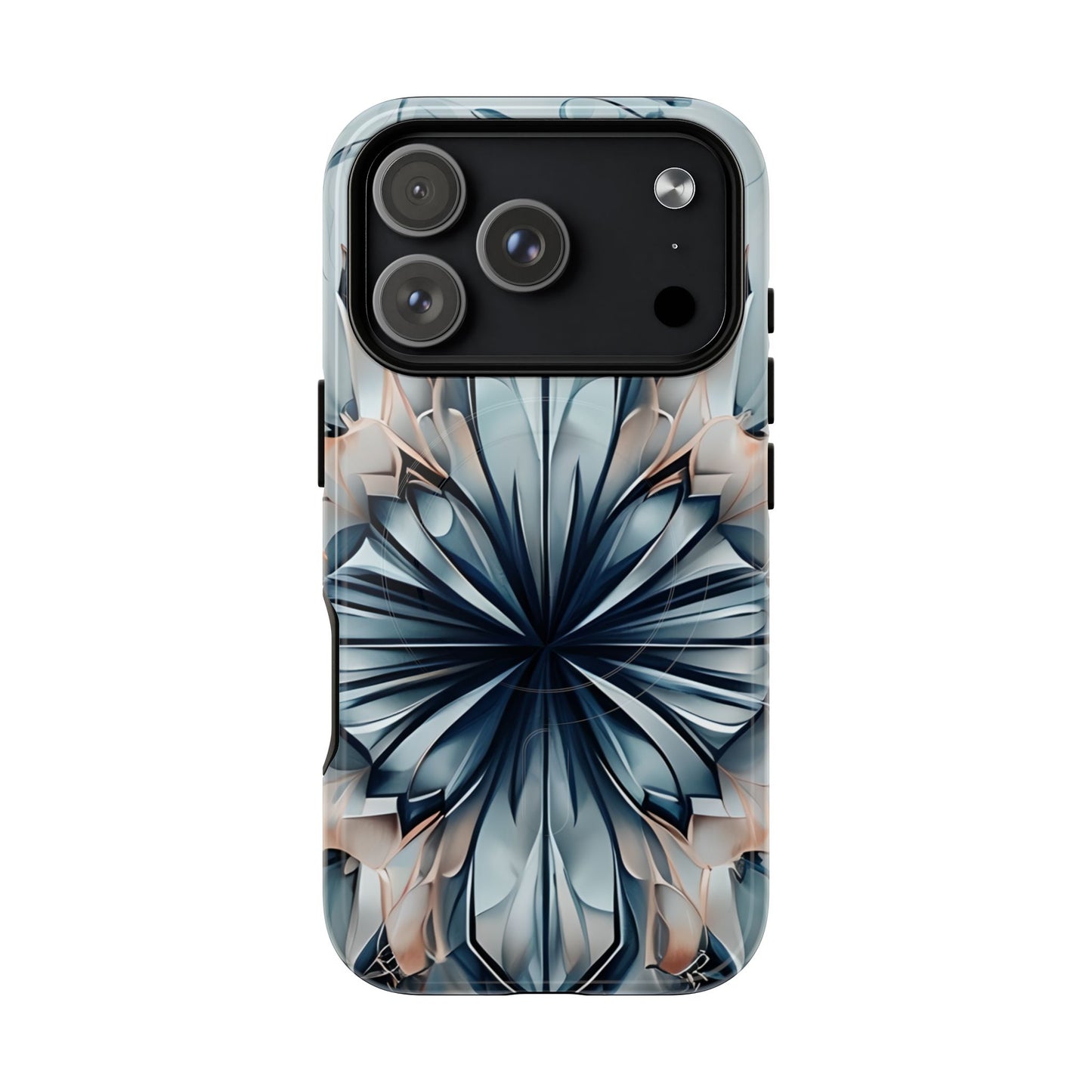 Indigo Mirage iPhone 17 Pro MagSafe case featuring a symmetrical abstract pattern in deep indigo blue with soft neutral accents.