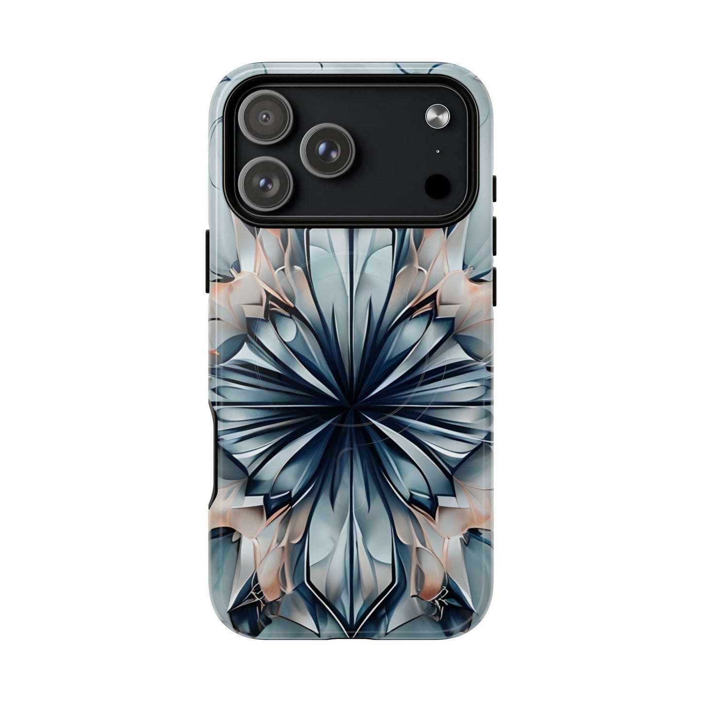 Indigo Mirage iPhone 17 Pro Max MagSafe case featuring a symmetrical abstract pattern in deep indigo blue with soft neutral accents.