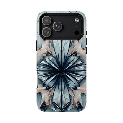 Indigo Mirage iPhone 17 Pro Max MagSafe case featuring a symmetrical abstract pattern in deep indigo blue with soft neutral accents.
