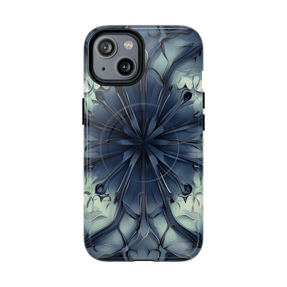 Indigo Mosaic iPhone 14 MagSafe case featuring a symmetrical abstract mosaic pattern in deep indigo blue with subtle textured detailing.