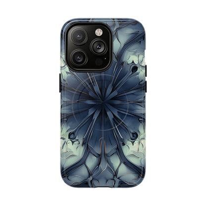 Indigo Mosaic iPhone 14 Pro MagSafe case featuring a symmetrical abstract mosaic pattern in deep indigo blue with subtle textured detailing.