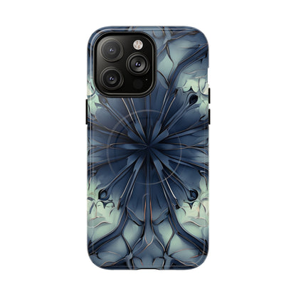 Indigo Mosaic iPhone 14 Pro Max MagSafe case featuring a symmetrical abstract mosaic pattern in deep indigo blue with subtle textured detailing.