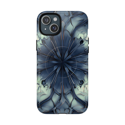 Indigo Mosaic iPhone 15 Plus MagSafe case featuring a symmetrical abstract mosaic pattern in deep indigo blue with subtle textured detailing.