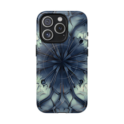 Indigo Mosaic iPhone 15 Pro MagSafe case featuring a symmetrical abstract mosaic pattern in deep indigo blue with subtle textured detailing.