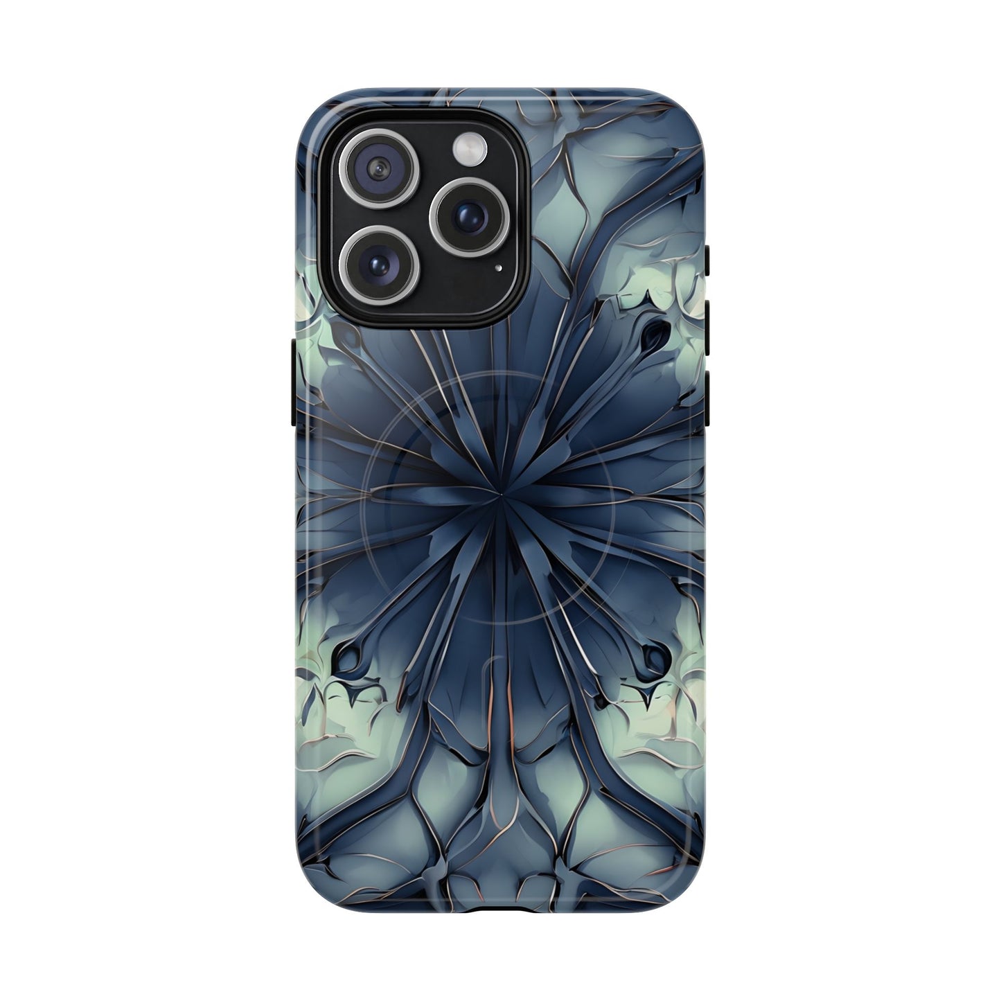 Indigo Mosaic iPhone 15 Pro Max MagSafe case featuring a symmetrical abstract mosaic pattern in deep indigo blue with subtle textured detailing.