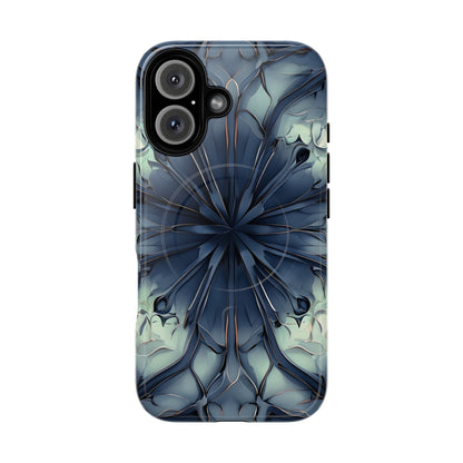 Indigo Mosaic iPhone 16 MagSafe case featuring a symmetrical abstract mosaic pattern in deep indigo blue with subtle textured detailing.