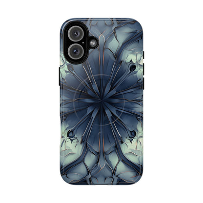 Indigo Mosaic iPhone 16 Plus MagSafe case featuring a symmetrical abstract mosaic pattern in deep indigo blue with subtle textured detailing.
