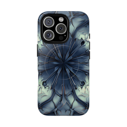 Indigo Mosaic iPhone 16 Pro MagSafe case featuring a symmetrical abstract mosaic pattern in deep indigo blue with subtle textured detailing.