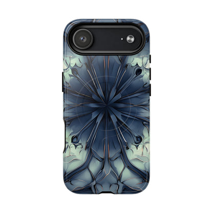 Indigo Mosaic iPhone 17 Air MagSafe case featuring a symmetrical abstract mosaic pattern in deep indigo blue with subtle textured detailing.