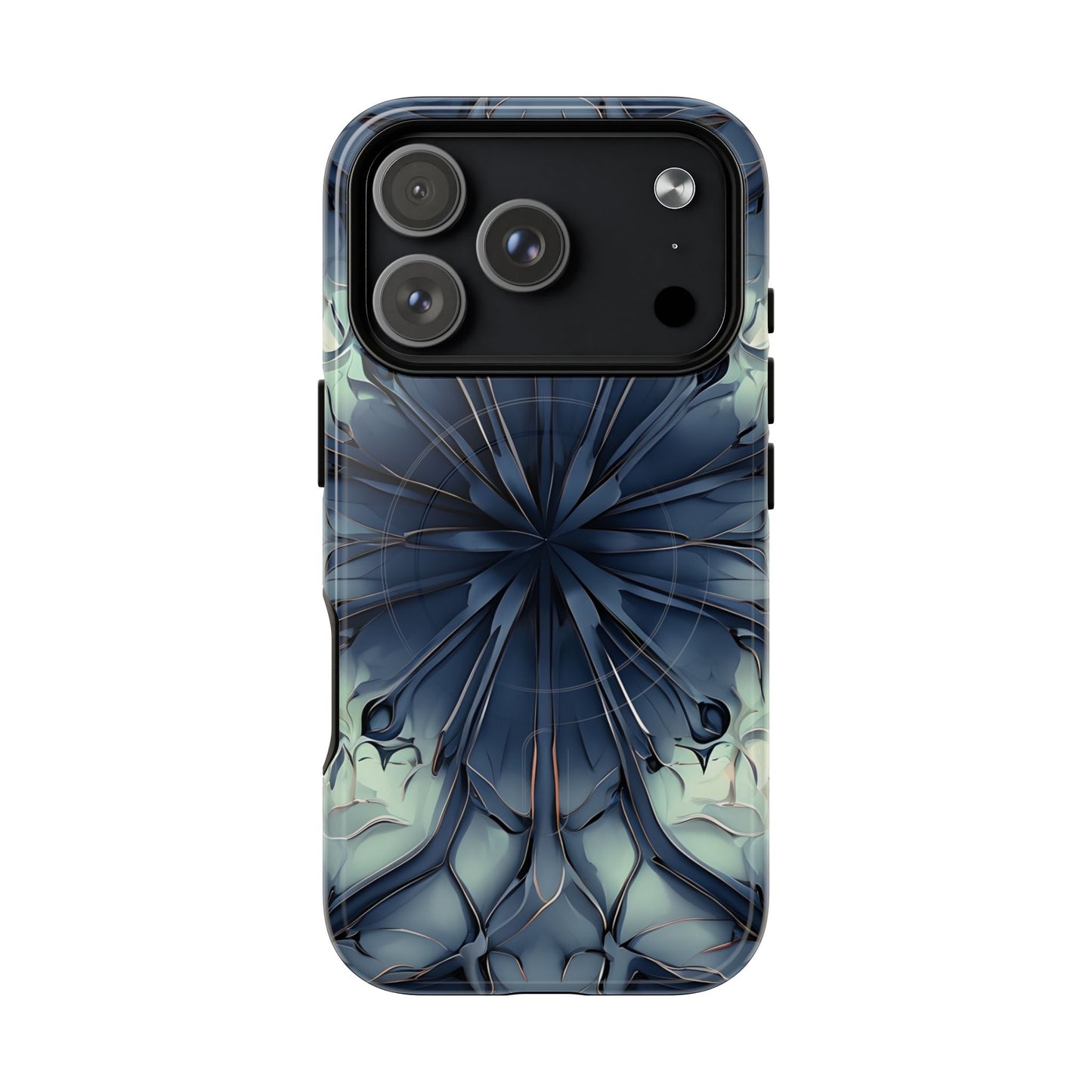 Indigo Mosaic iPhone 17 Pro MagSafe case featuring a symmetrical abstract mosaic pattern in deep indigo blue with subtle textured detailing.