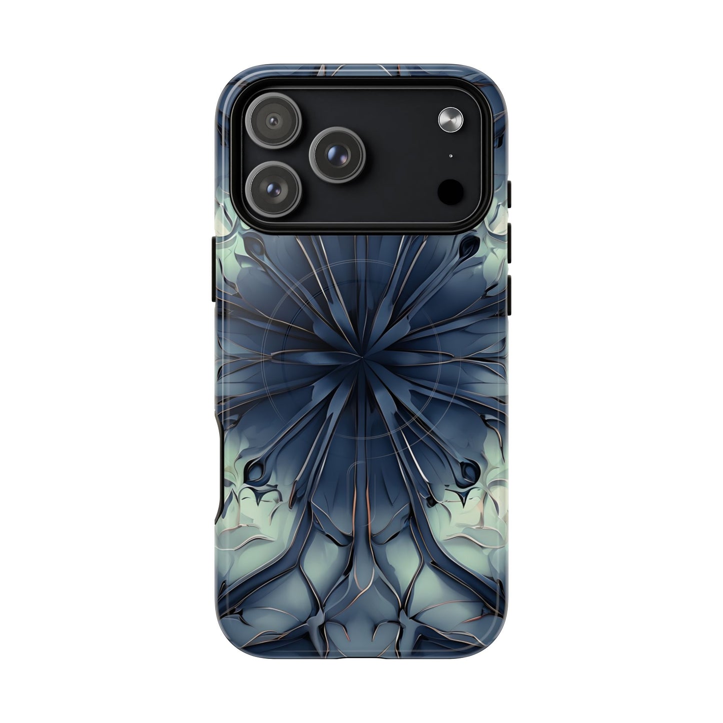 Indigo Mosaic iPhone 17 Pro Max MagSafe case featuring a symmetrical abstract mosaic pattern in deep indigo blue with subtle textured detailing.