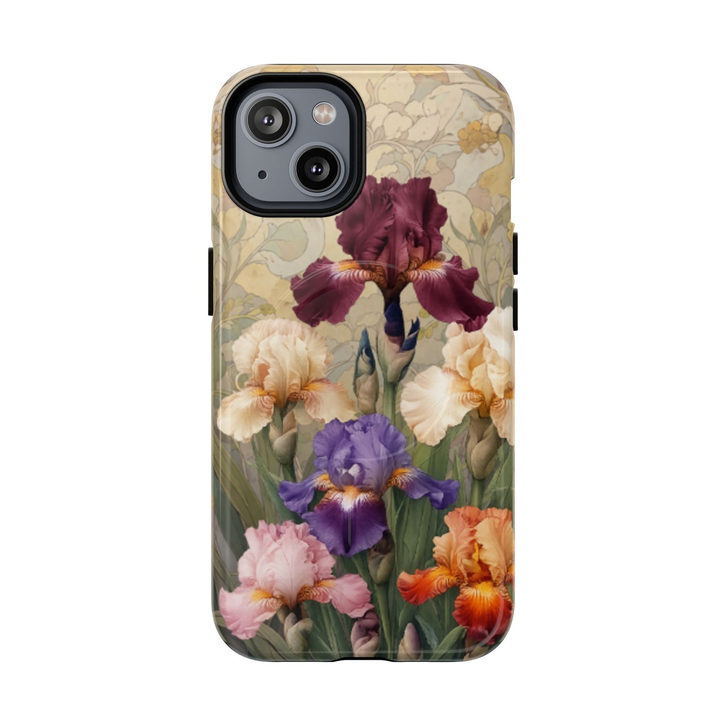 Multicolor iris floral art nouveau iPhone 14 MagSafe phone case with botanical iris flower design
