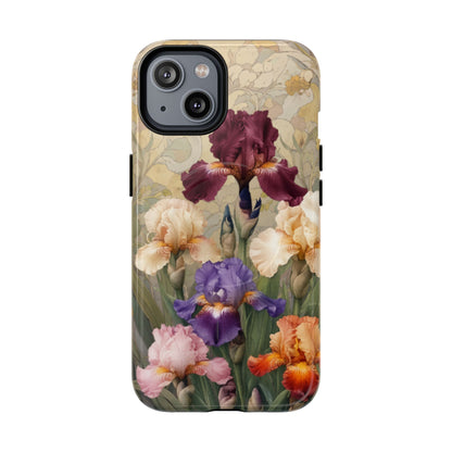 Multicolor iris floral art nouveau iPhone 14 MagSafe phone case with botanical iris flower design