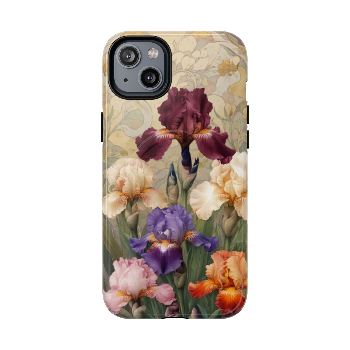 Multicolor iris floral art nouveau iPhone 14 Plus MagSafe phone case with botanical iris flower design
