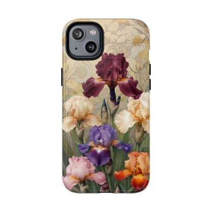 Multicolor iris floral art nouveau iPhone 14 Plus MagSafe phone case with botanical iris flower design