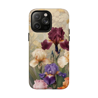 Multicolor iris floral art nouveau iPhone 14 Pro Max MagSafe phone case with botanical iris flower design