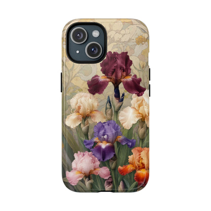 Multicolor iris floral art nouveau iPhone 15 MagSafe phone case with botanical iris flower design