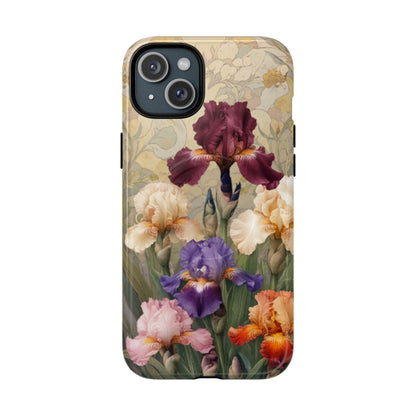 Multicolor iris floral art nouveau iPhone 15 Plus MagSafe phone case with botanical iris flower design
