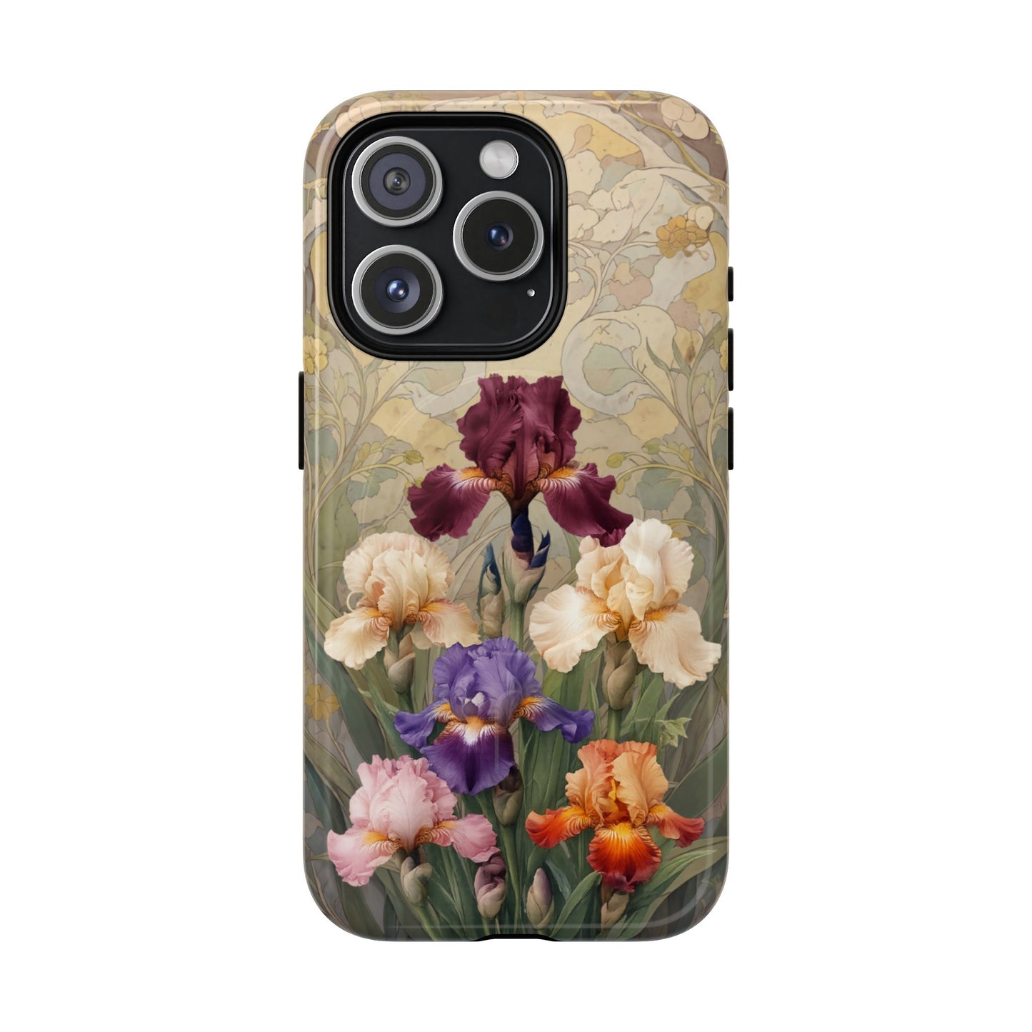 Multicolor iris floral art nouveau iPhone 15 Pro MagSafe phone case with botanical iris flower design