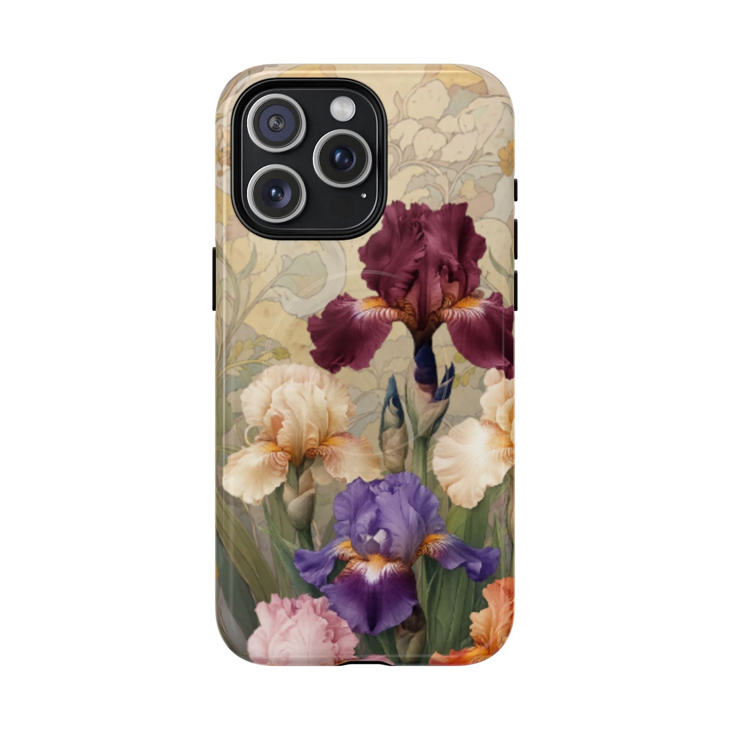 Multicolor iris floral art nouveau iPhone 15 Pro Max MagSafe phone case with botanical iris flower design