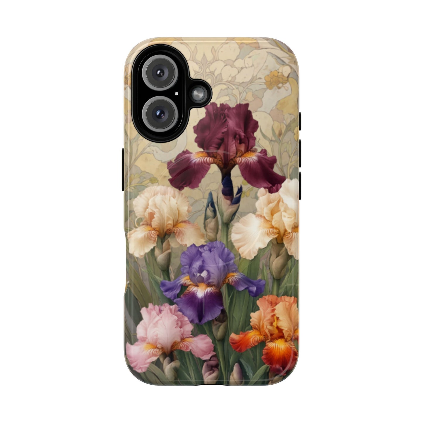 Multicolor iris floral art nouveau iPhone 16 MagSafe phone case with botanical iris flower design