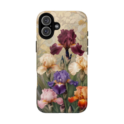 Multicolor iris floral art nouveau iPhone 16 Plus MagSafe phone case with botanical iris flower design