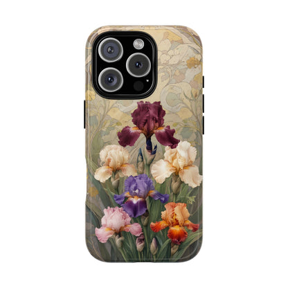Multicolor iris floral art nouveau iPhone 16 Pro MagSafe phone case with botanical iris flower design