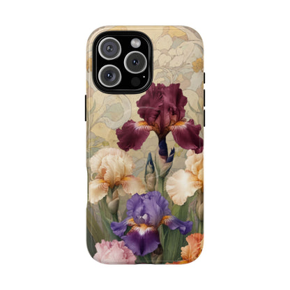 Multicolor iris floral art nouveau iPhone 16 Pro Max MagSafe phone case with botanical iris flower design