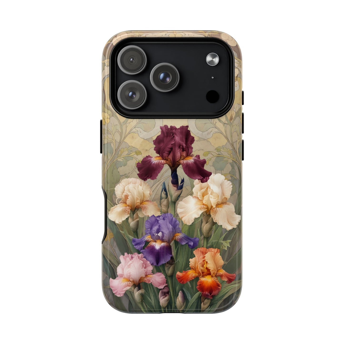 Multicolor iris floral art nouveau iPhone 17 Pro MagSafe phone case with botanical iris flower design