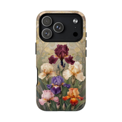 Multicolor iris floral art nouveau iPhone 17 Pro MagSafe phone case with botanical iris flower design