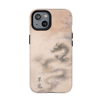 Jade Dragon iPhone 14 case – minimalist dragon illustration, lightweight slim phone case, soft grey and beige tones, aesthetic protective cover