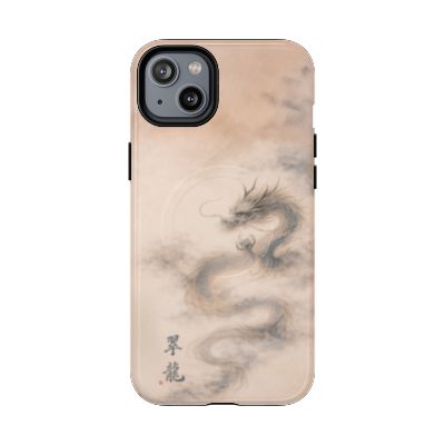 Jade Dragon iPhone 14 Plus case – Japanese ink dragon artwork, neutral beige aesthetic, durable dual-layer protective phone case