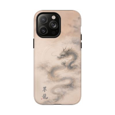 Jade Dragon iPhone 14 Pro Max case – minimalist Japanese dragon design, soft beige and grey tones, slim protective phone case, elegant Asian-inspired artwork