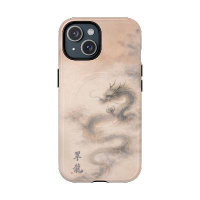 Jade Dragon iPhone 15 case – Japanese ink dragon artwork, neutral beige aesthetic, durable dual-layer protective phone case