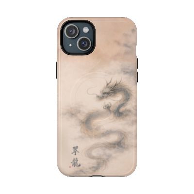 Jade Dragon iPhone 15 Plus case – Japanese ink dragon artwork, neutral beige aesthetic, durable dual-layer protective phone case