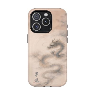 Jade Dragon iPhone 15 Pro case – minimalist dragon illustration, lightweight slim phone case, soft grey and beige tones, aesthetic protective cover