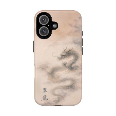 Jade Dragon iPhone 16 case – minimalist Japanese dragon design, soft beige and grey tones, slim protective phone case, elegant Asian-inspired artwork