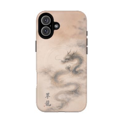 Jade Dragon iPhone 16 Plus case – minimalist Japanese dragon design, soft beige and grey tones, slim protective phone case, elegant Asian-inspired artwork