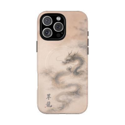Jade Dragon iPhone 16 Pro Max case – minimalist dragon illustration, lightweight slim phone case, soft grey and beige tones, aesthetic protective cover