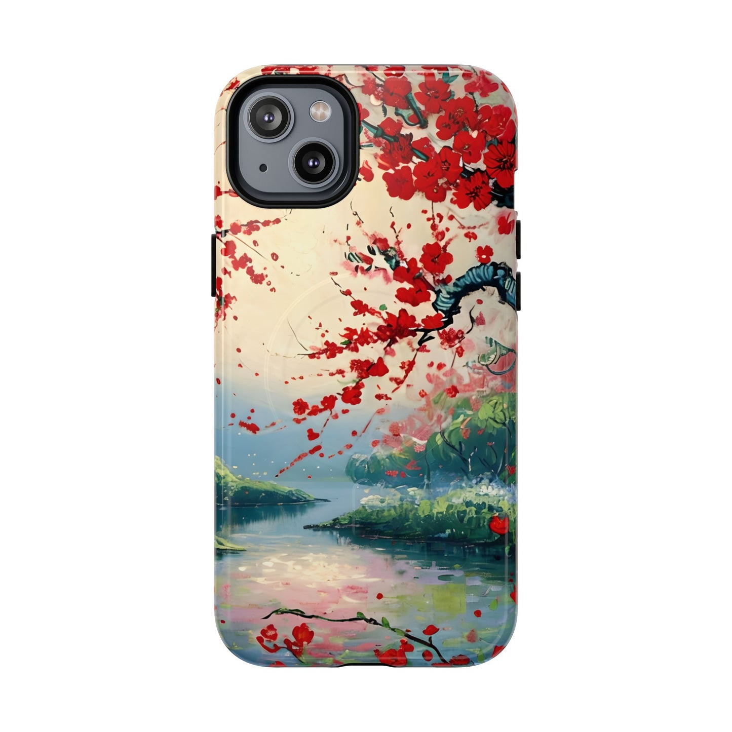Japanese cherry blossom iPhone 14 Plus MagSafe phone case with crimson Sakura flowers over scenic lake landscape