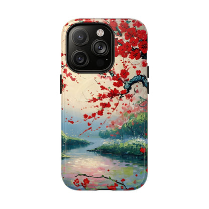 Japanese cherry blossom iPhone 14 Pro MagSafe phone case with crimson Sakura flowers over scenic lake landscape