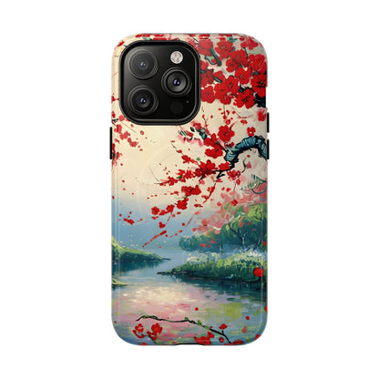 Japanese cherry blossom iPhone 14 Pro Max MagSafe phone case with crimson Sakura flowers over scenic lake landscape