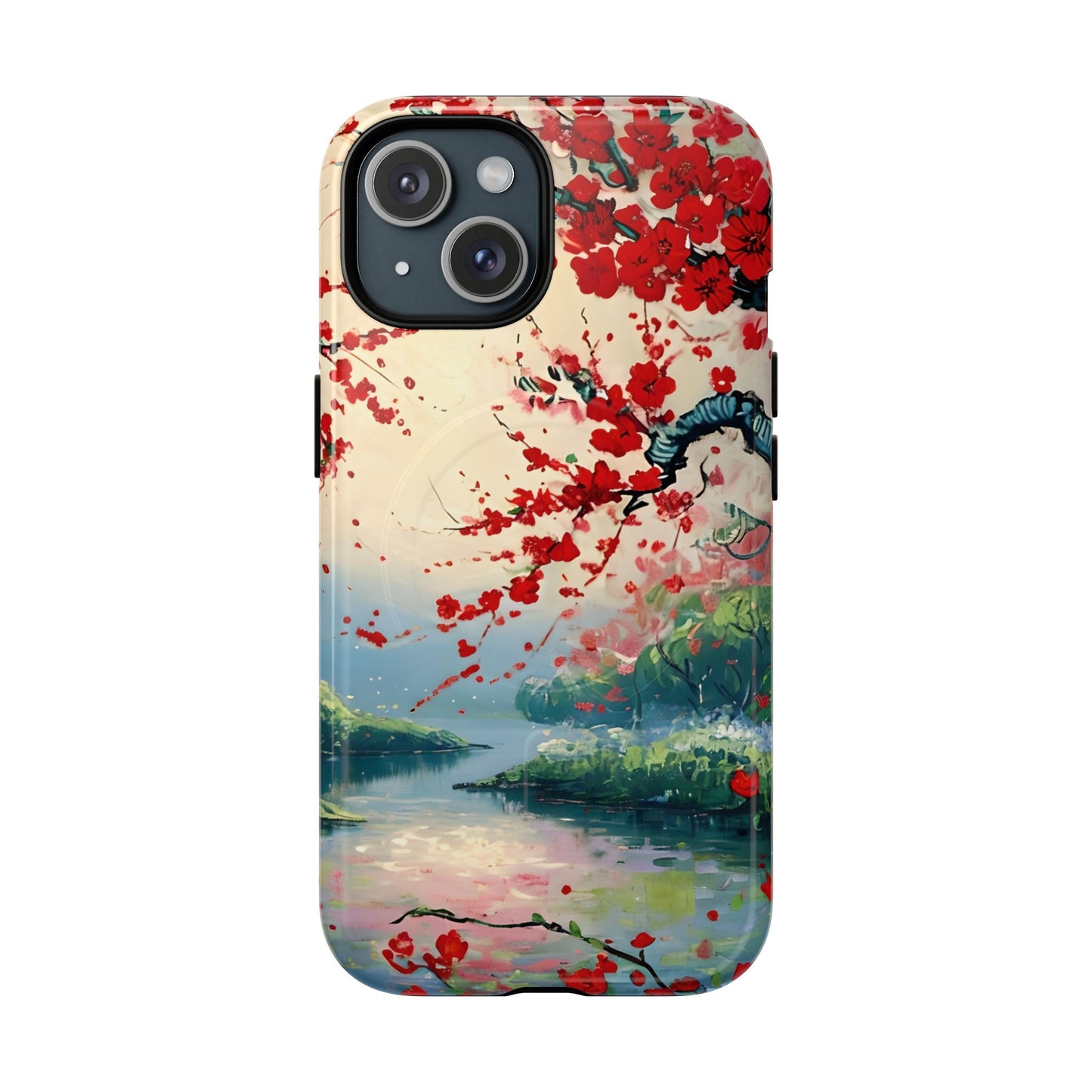 Japanese cherry blossom iPhone 15 MagSafe phone case with crimson Sakura flowers over scenic lake landscape