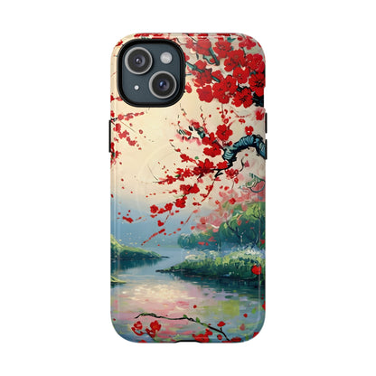 Japanese cherry blossom iPhone 15 Plus MagSafe phone case with crimson Sakura flowers over scenic lake landscape