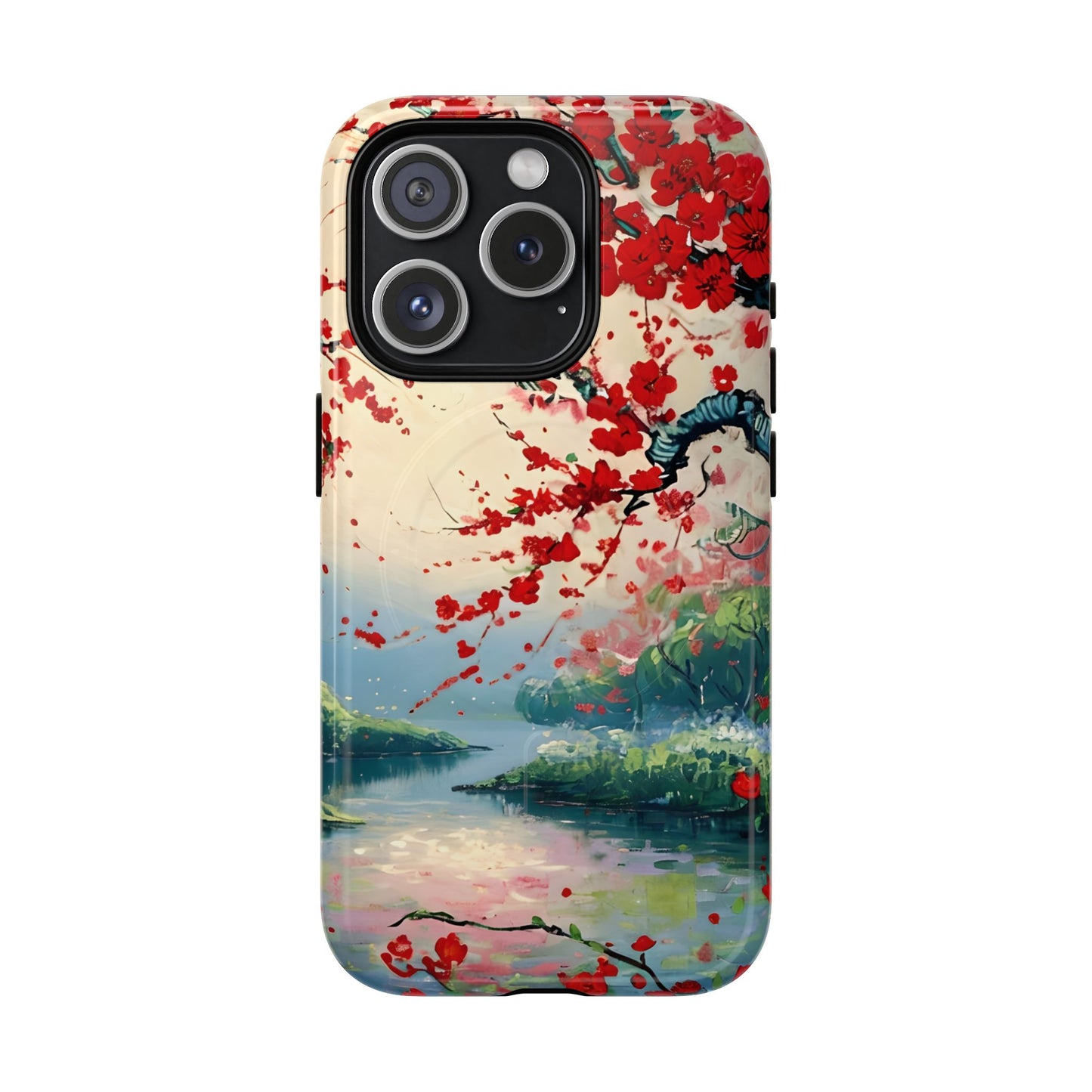 Japanese cherry blossom iPhone 15 Pro MagSafe phone case with crimson Sakura flowers over scenic lake landscape