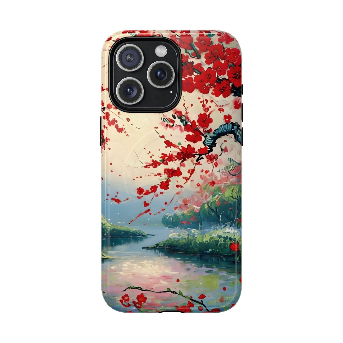 Japanese cherry blossom iPhone 15 Pro Max MagSafe phone case with crimson Sakura flowers over scenic lake landscape